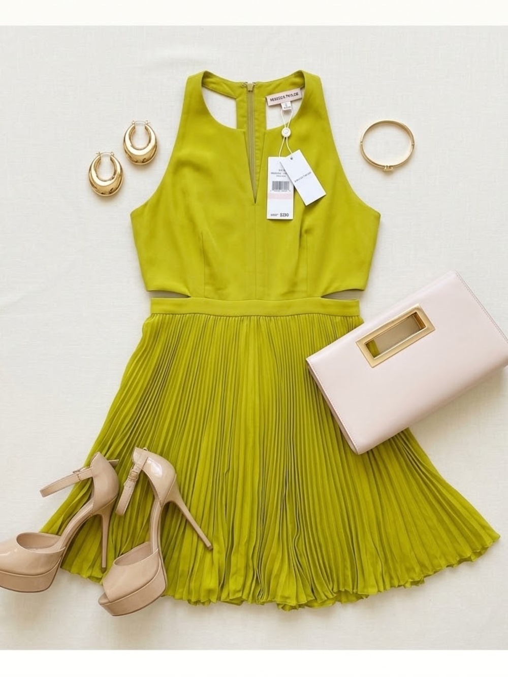 Rebecca Taylor Silk Cutout Accordion Pleated Mini Dress Chartreuse 12 NWT